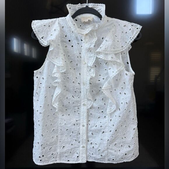 Sezane White Chiara Eyelet Ruffled Cotton Blouse, Size 38 - Picture 3 of 12